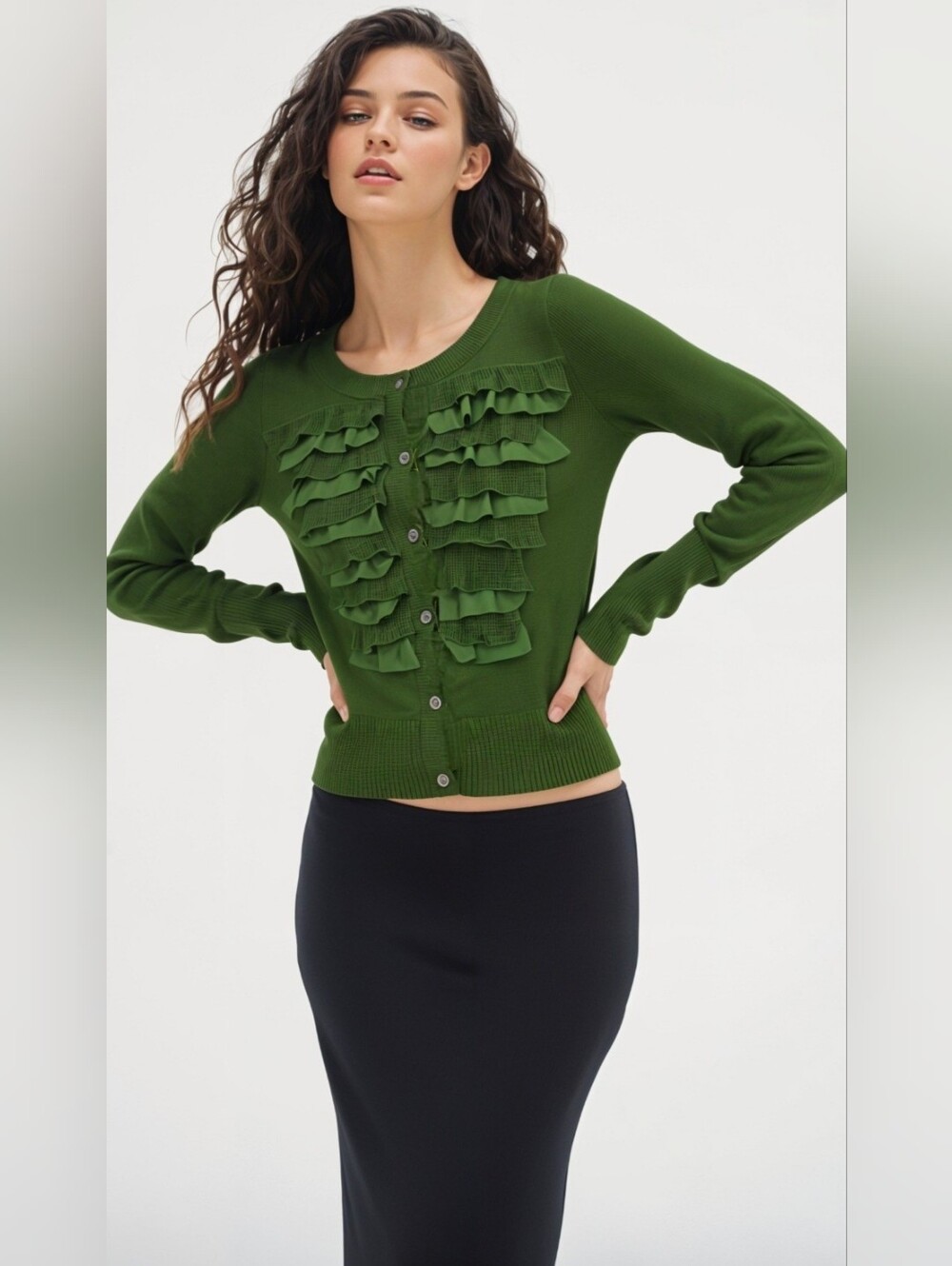 Abercrombie & Fitch Green Ruffle Front Button-Down Cardigan Sweater